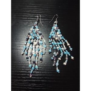handmade blue‎ and white beaded chandelier earrings